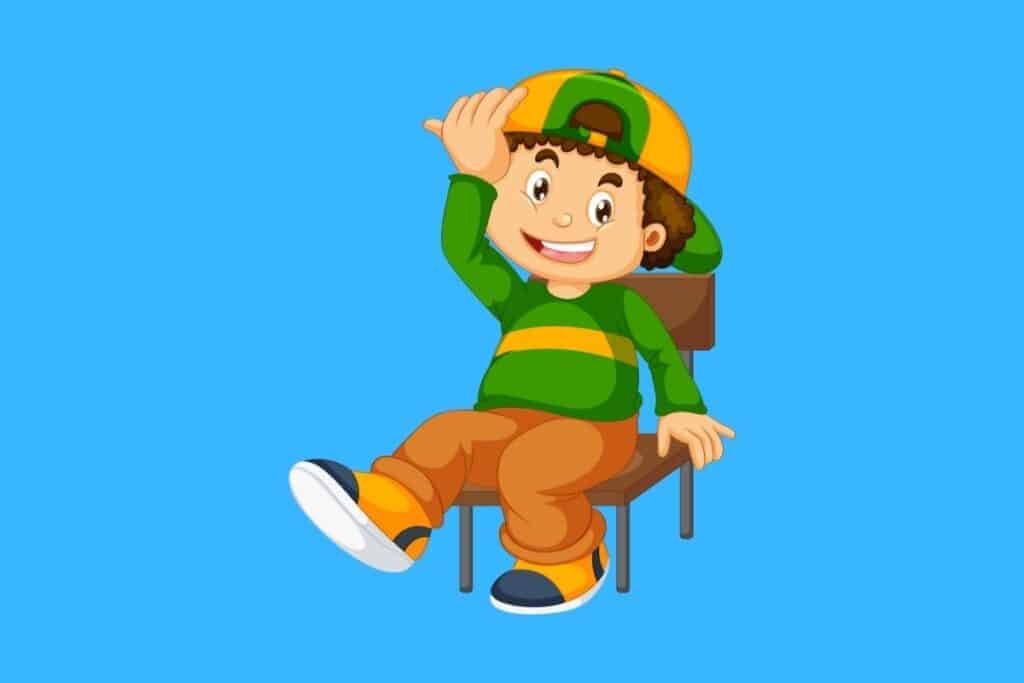 Cartoon graphic boy sitting on chair of on blue background.