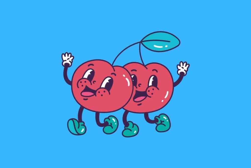 Cartoon graphic of walking pair of cherries on blue background.