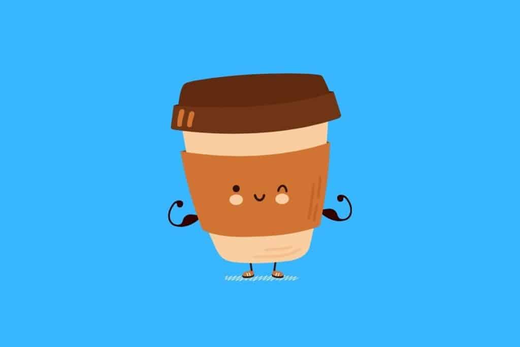 Cartoon graphic of coffee cup showing muscles on blue background.