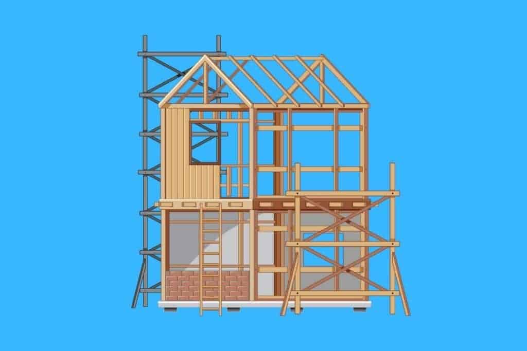 Cartoon graphic of house framing on blue background.