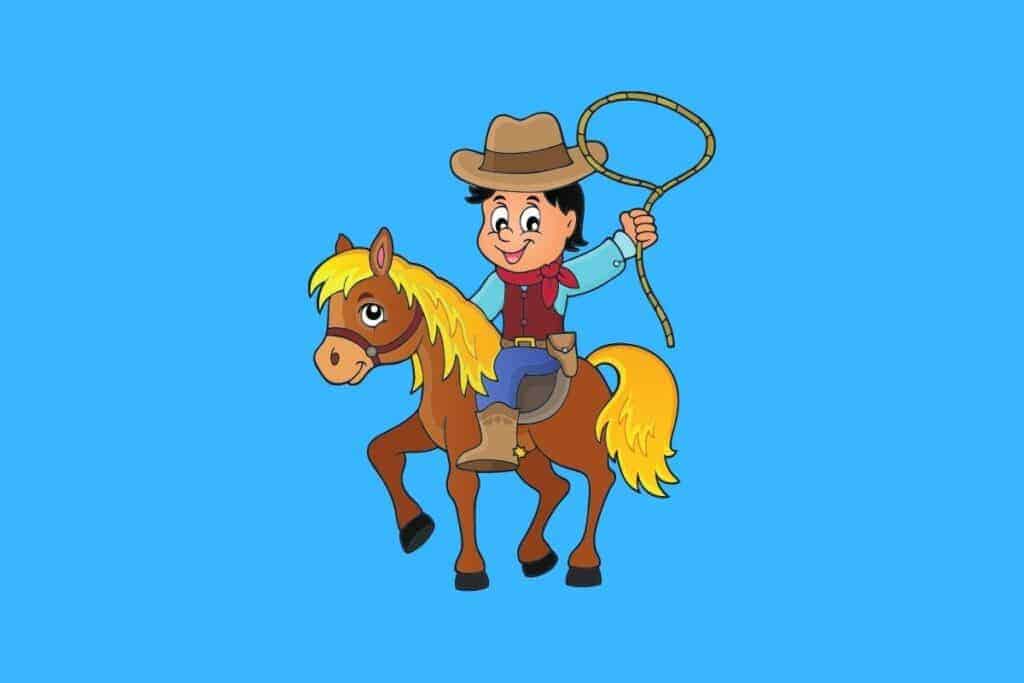 Cartoon graphic of cowboy riding horse holding rope on blue background.