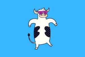 Cartoon graphic of cow with funny glasses on blue background.