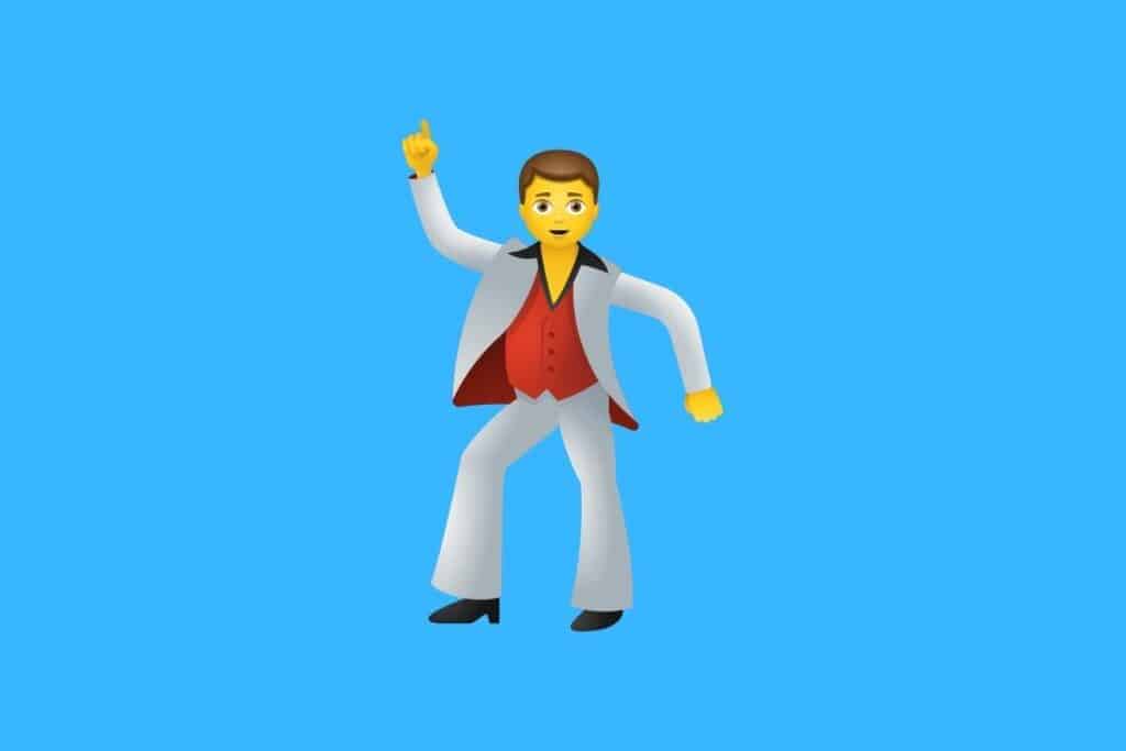 Cartoon graphic of dancing man with flare pants on blue background.
