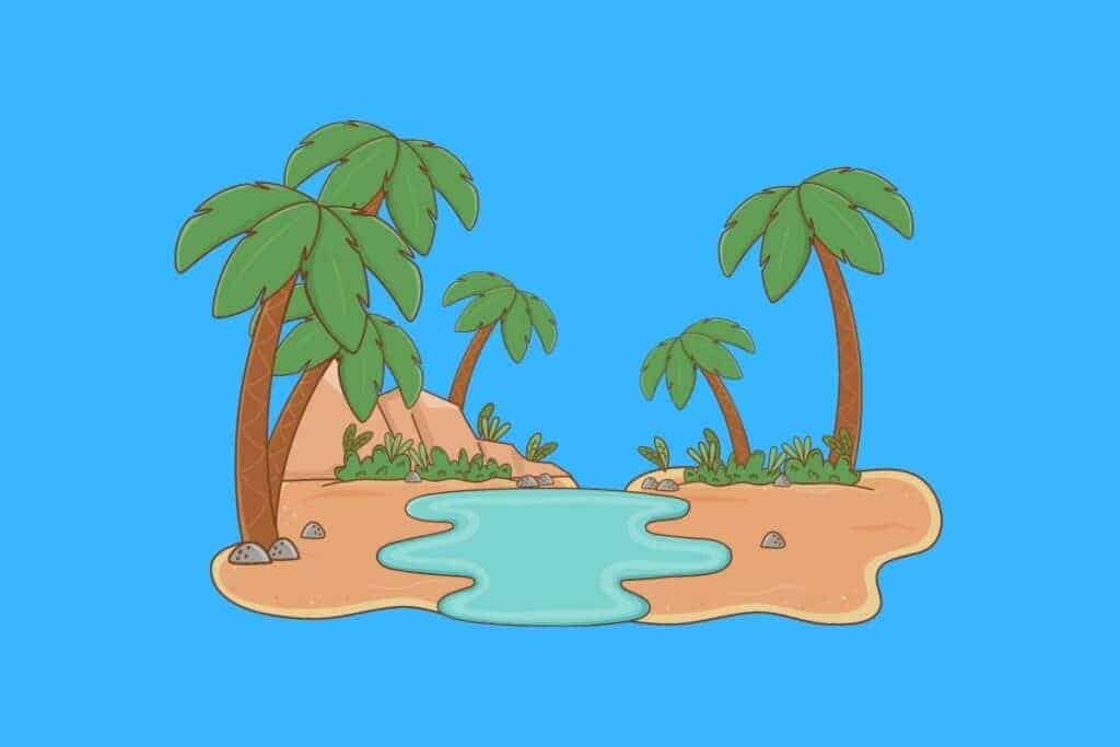 Cartoon graphic of desert oasis on blue background.