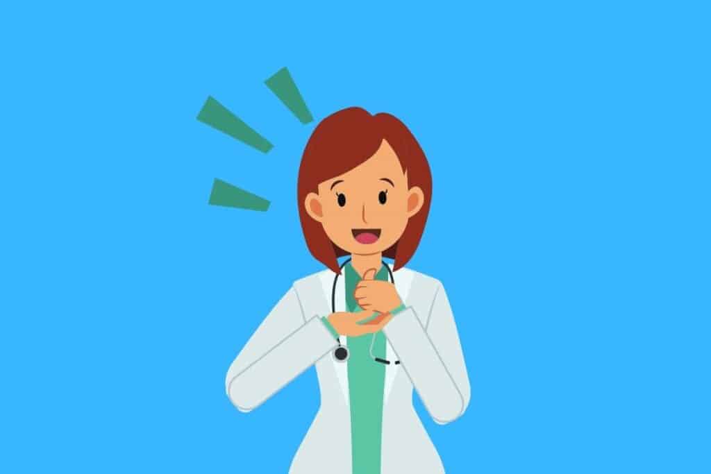 Cartoon graphic of doctor looking happy on blue background.