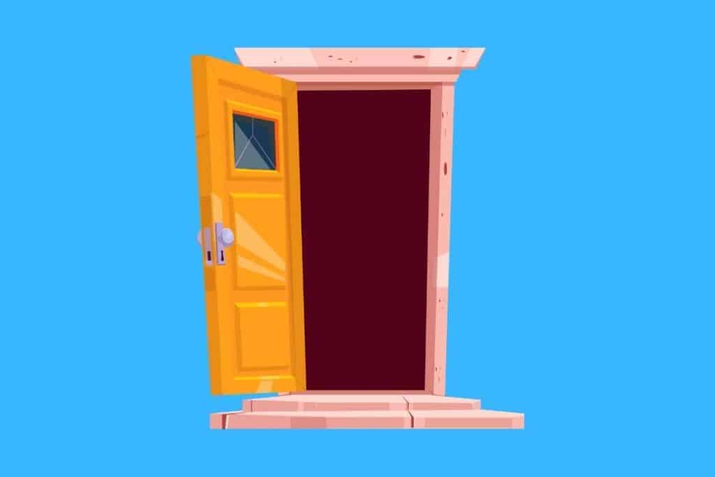 Cartoon graphic of open door on blue background.