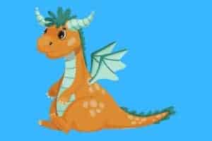 Cartoon graphic of adult dragon sitting on blue background.