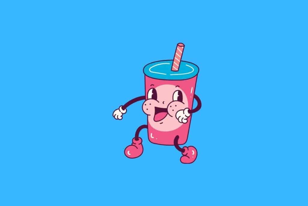 Cartoon graphic of dancing cup with straw on blue background.