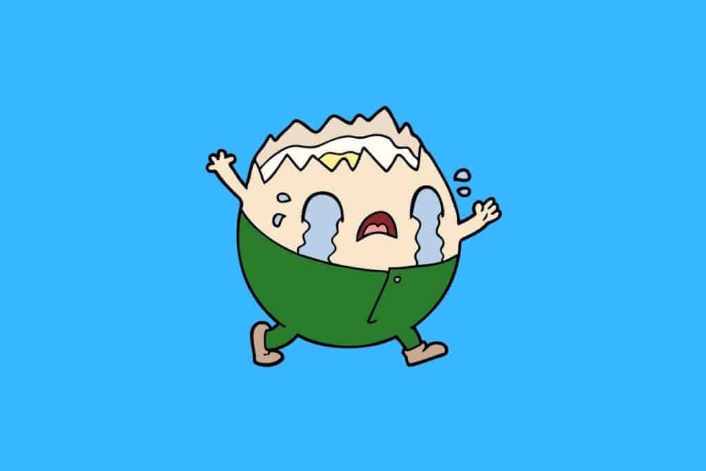 Cartoon graphic of running crying egg with broken head on blue background.