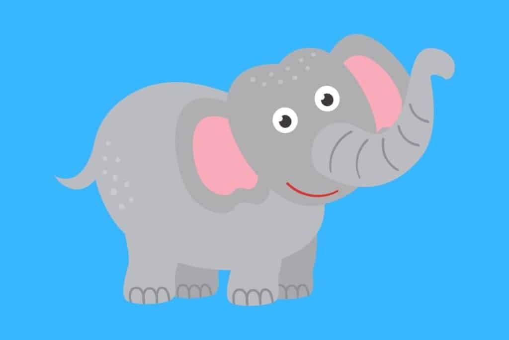 Cartoon graphic of smiling big gray elephant on blue background.