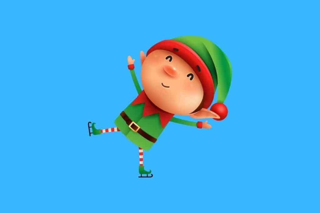 Cartoon graphic of elf with ice skates on blue background.
