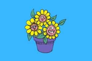 Cartoon graphic of 3 flowers with faces in a pot on blue background.