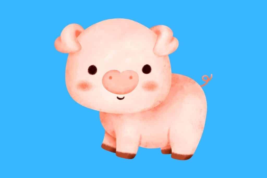 Cartoon graphic of cute pink pig on blue background.