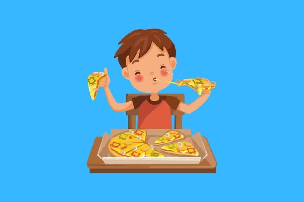 Cartoon graphic of boy eating a box of pizza on blue background.