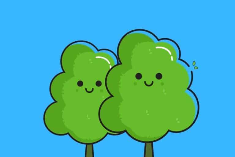 Cartoon graphic of two trees with smiling faces on blue background.