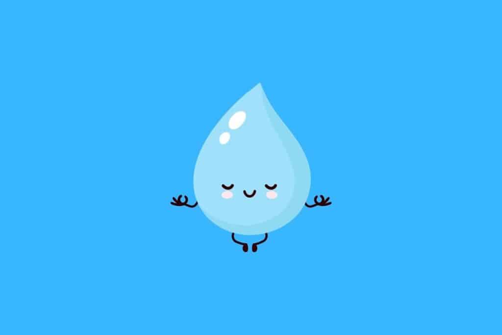 Cartoon graphic of relaxed droplet of water with smile on blue background.