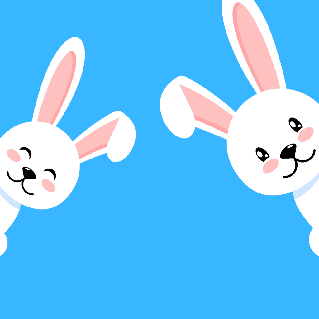 2 white rabbits smiling with blue background.