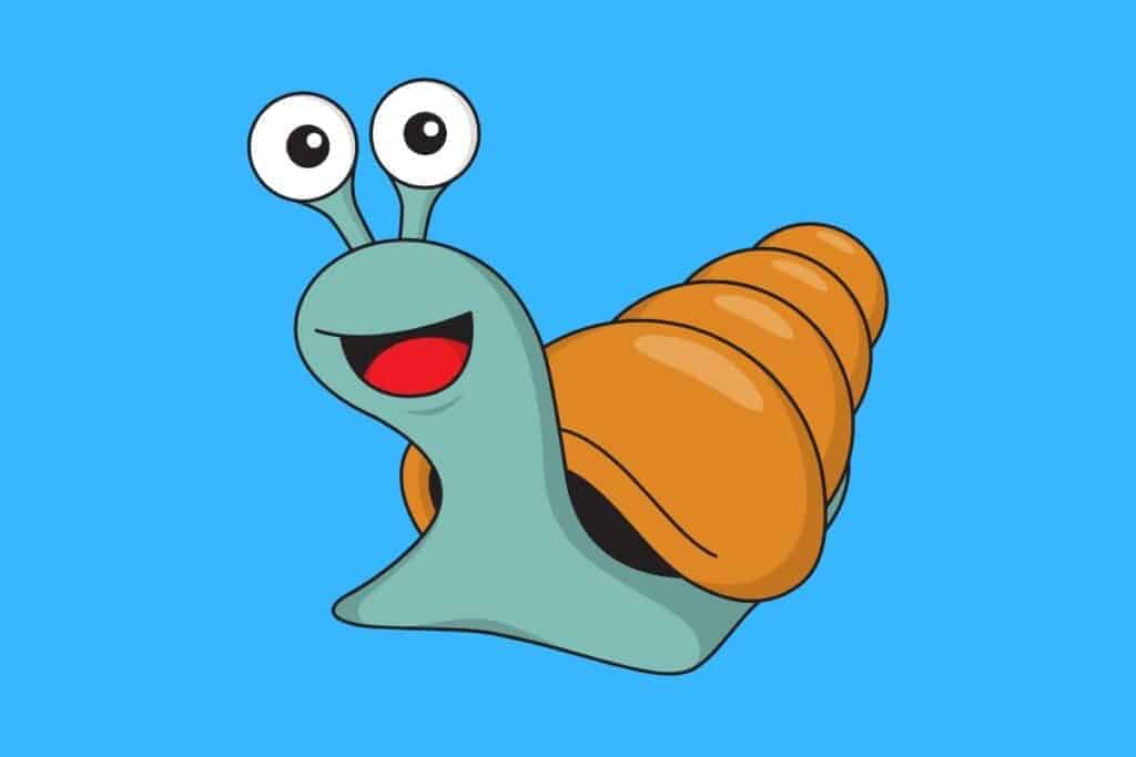 Cartoon graphic of smiling green snail on blue background.