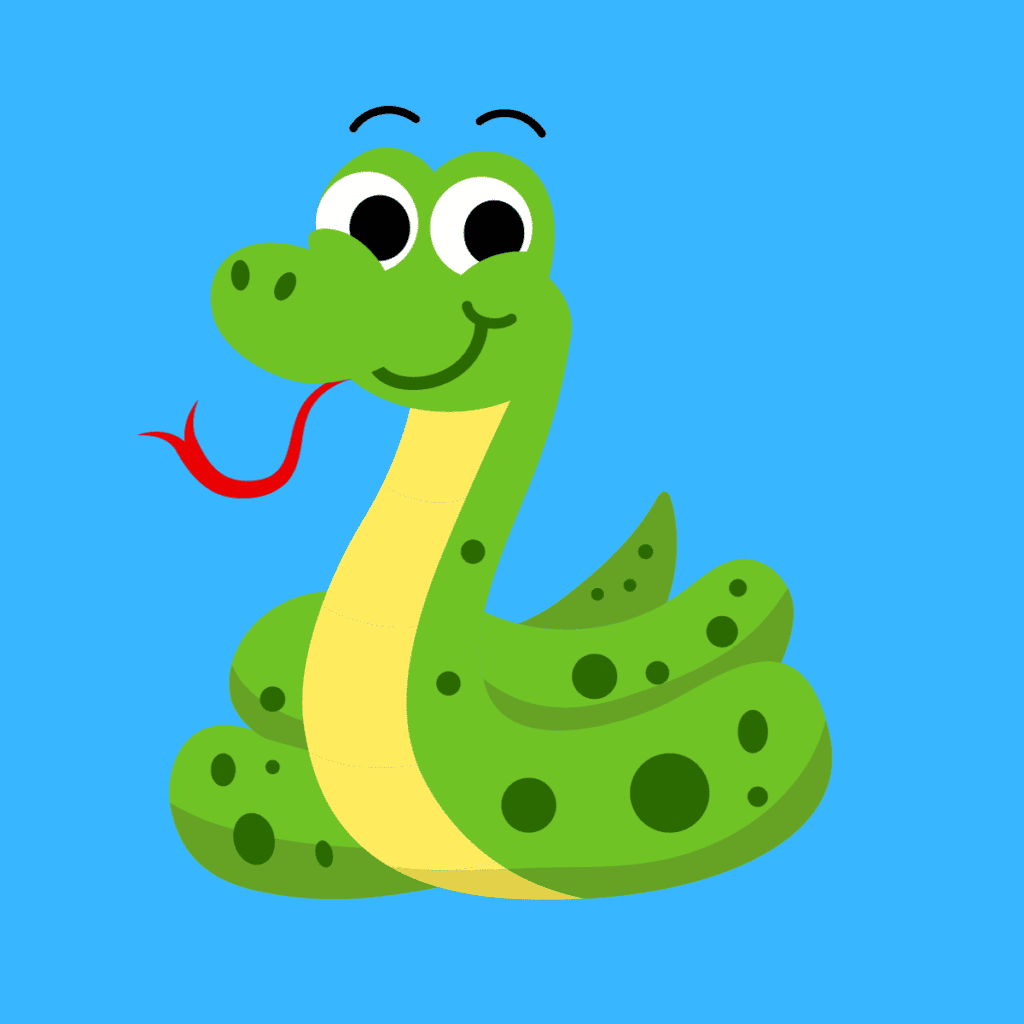 Cartoon graphic of smiling green snake on blue background.