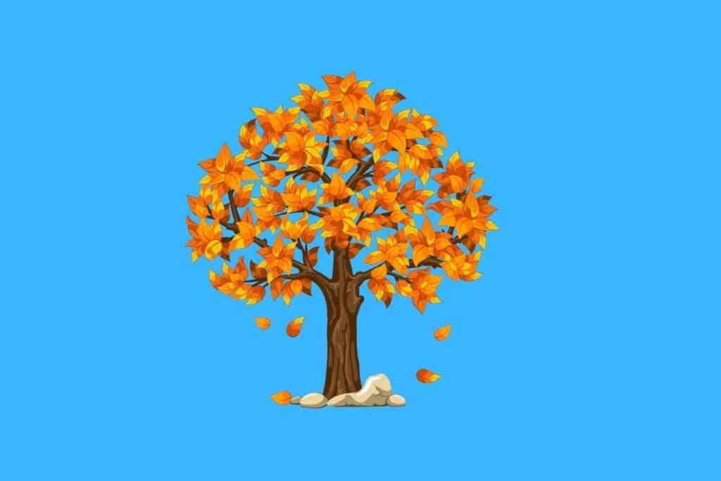 Cartoon graphic of tree with autumn leaves on blue background.