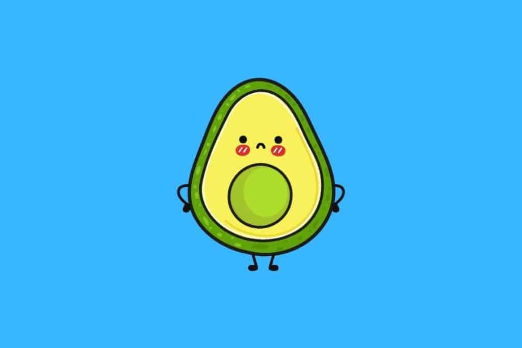 Cartoon graphic of avocado with hands on hips on blue background.