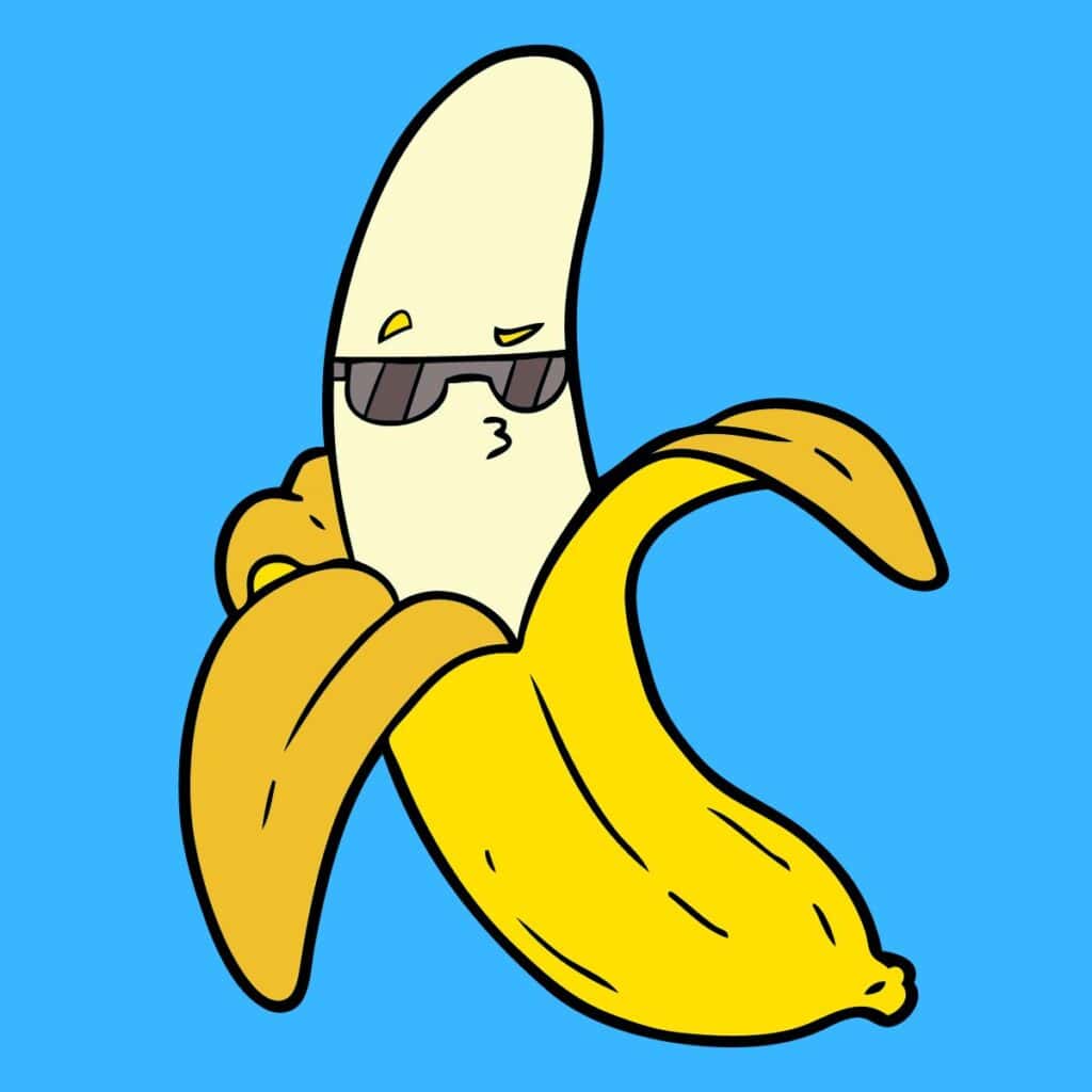 Cartoon graphic of banana with blue background with sunglasses
