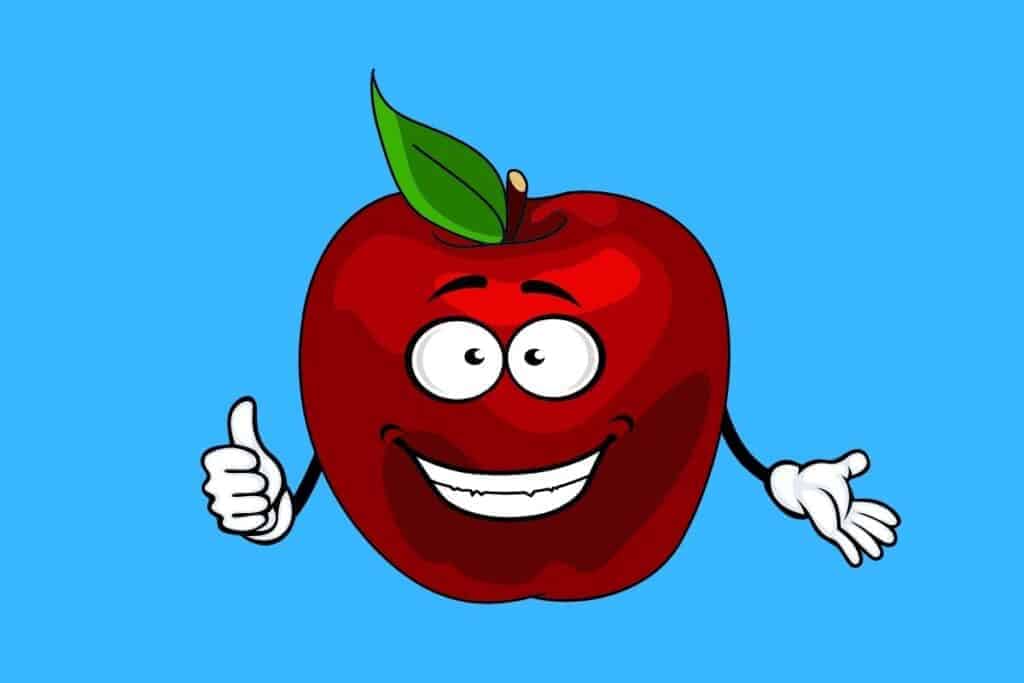 Cartoon graphic of apple with blue background and thumbs up.