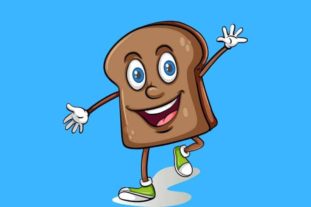 Cartoon graphic of slice of bread walking with blue background.