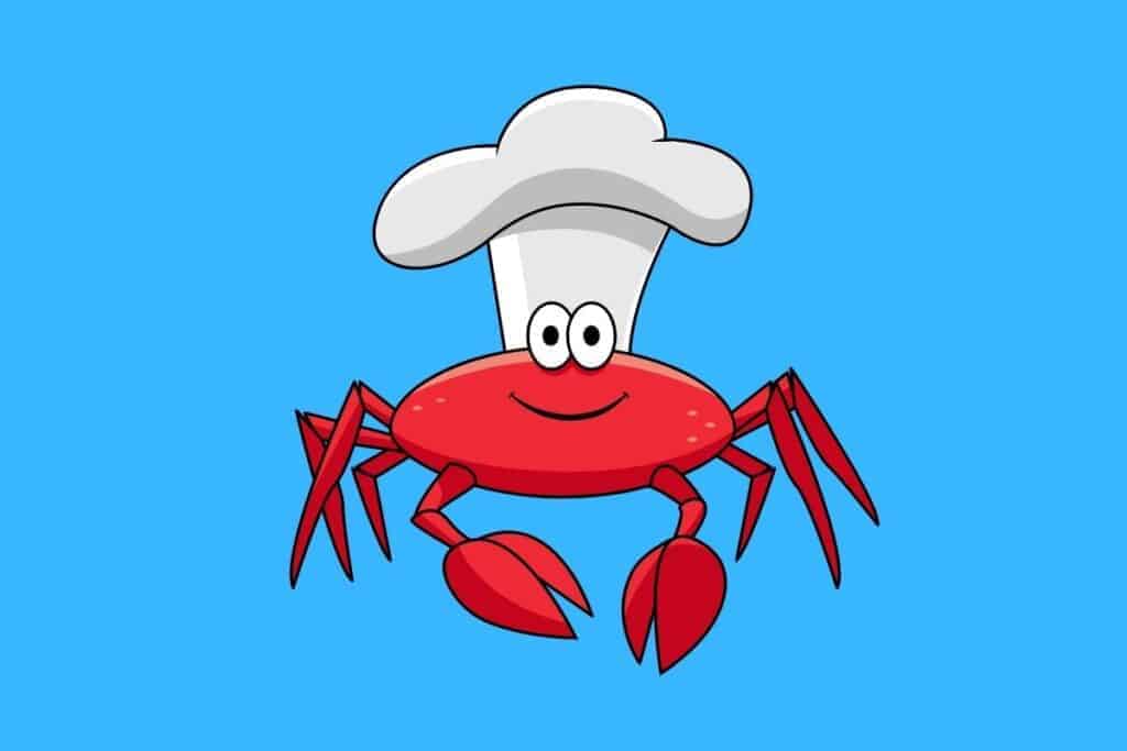 Cartoon graphic of crab wearing chefs hat with blue background.