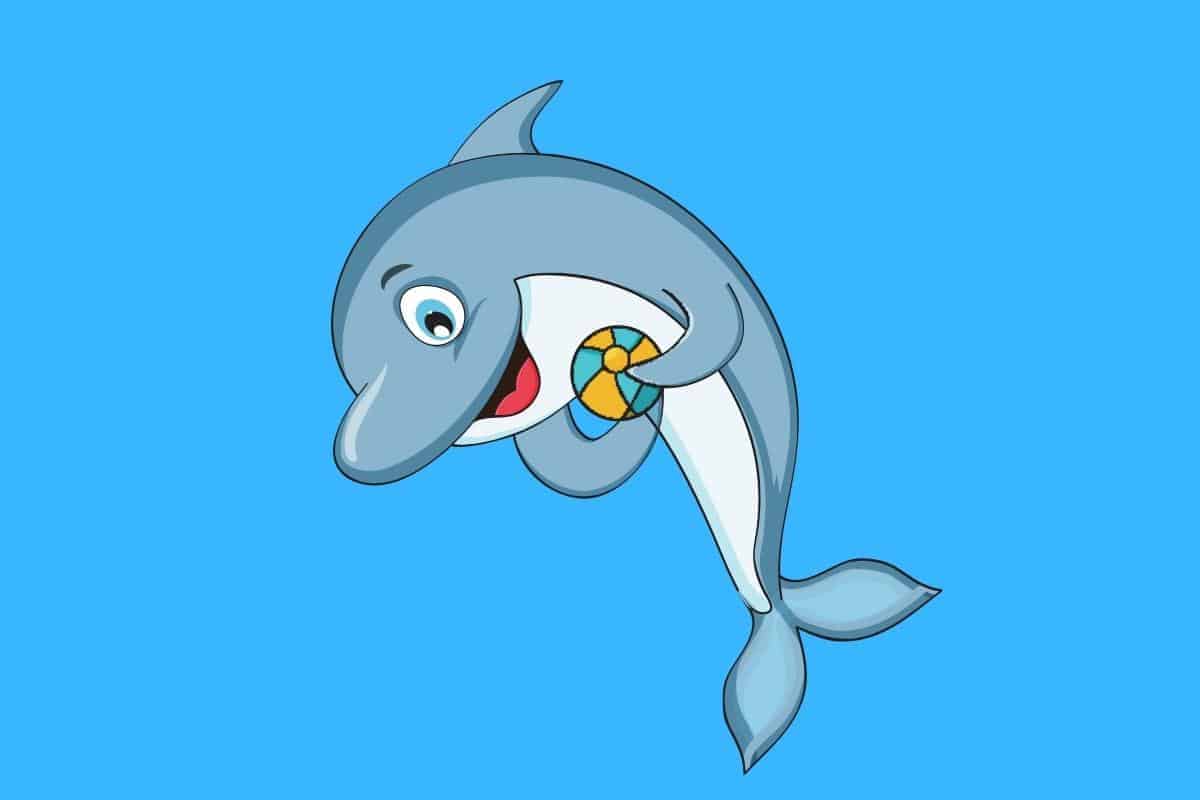 Cartoon graphic of dolphin with blue background holding ball.