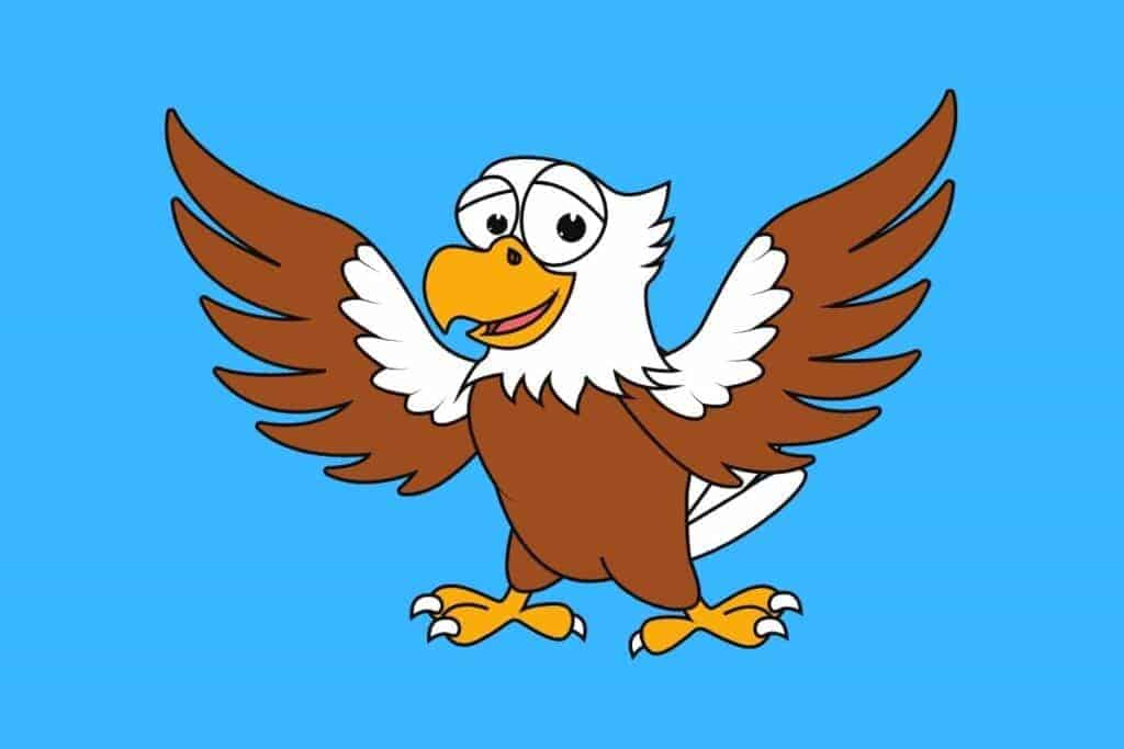 Cartoon graphic of eagle with wings spread out with blue background.