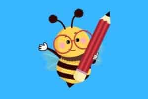 Cartoon graphic of bee holding pencil with blue background.