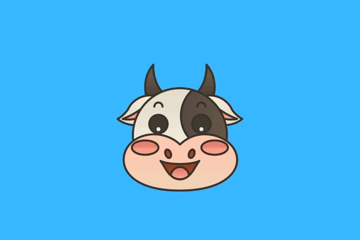 Cartoon graphic of smiling cow face on blue background.