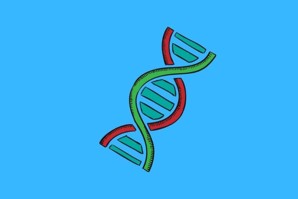 Cartoon graphic of double helix on blue background.
