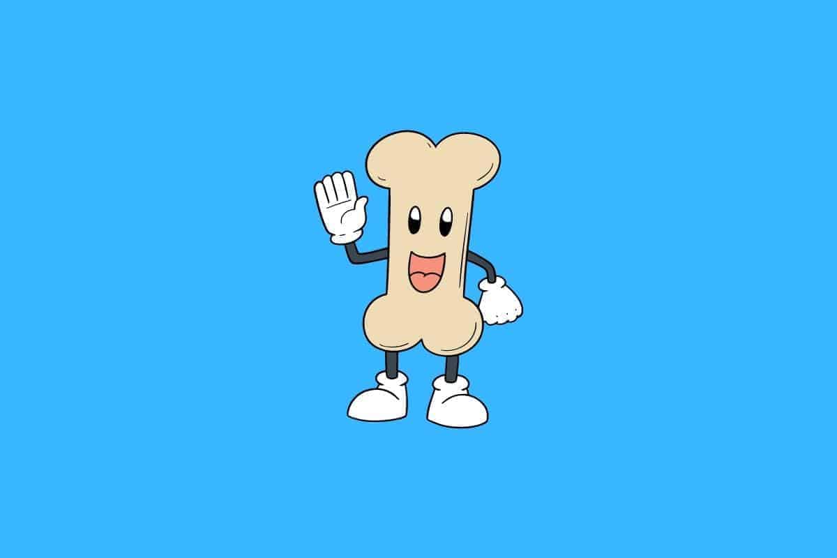 Cartoon graphic of waving bone with smiling face on blue background.