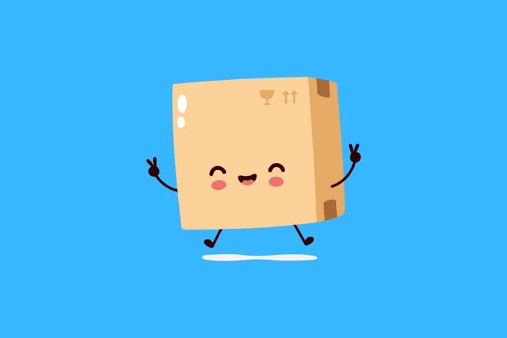 Cartoon graphic of box with arms doing peace signs on blue background.