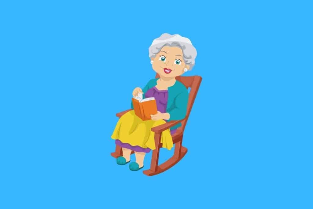 Cartoon graphic of old woman on rocking chair on blue background.