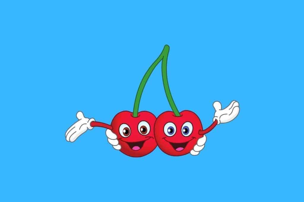 Cartoon graphic of two cherries hugging on blue background.