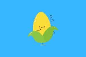 Cartoon graphic corn thinking of on blue background.