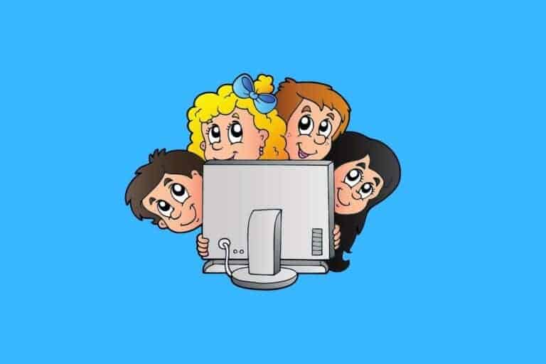 Cartoon graphic of 4 kids behind computer monitor on blue background.