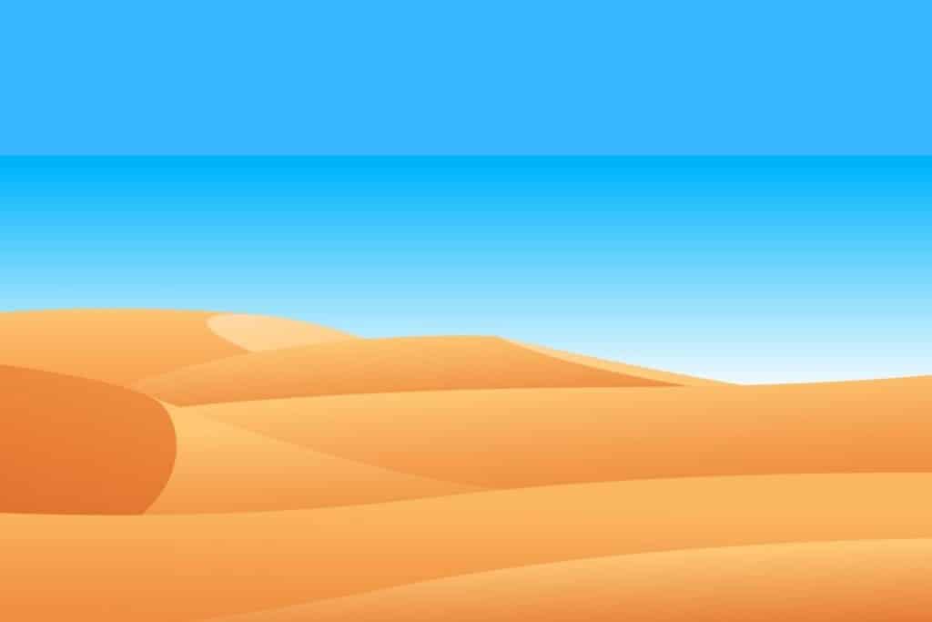 Cartoon graphic of desert sand dunes on blue background.
