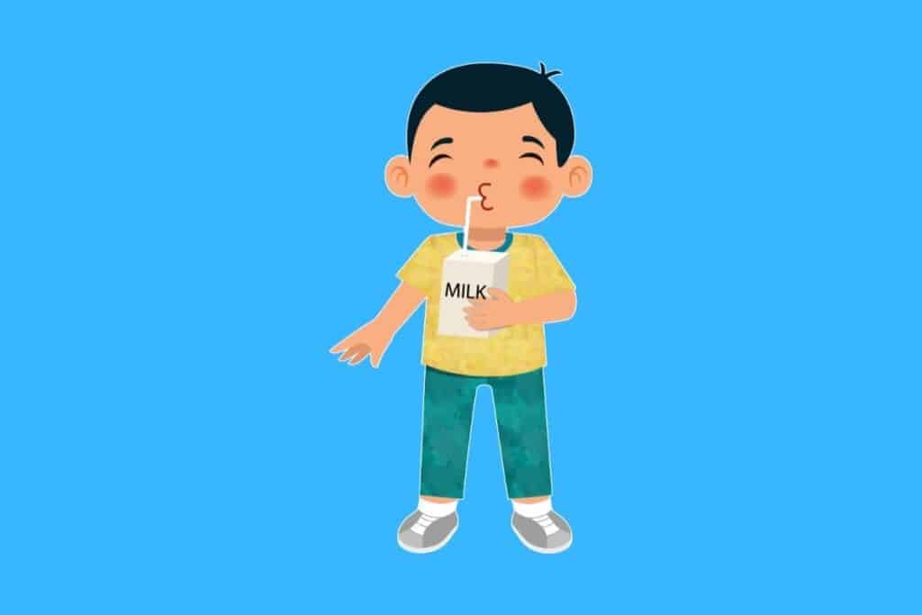 Cartoon graphic of boy drinking milk on blue background.