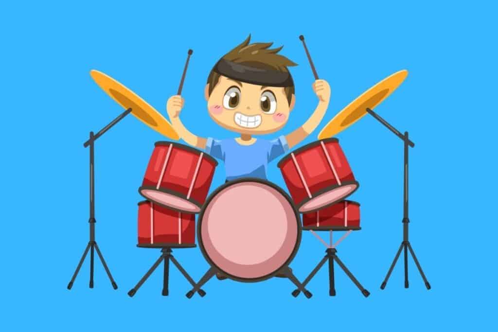 Cartoon graphic of boy playing drums on blue background.