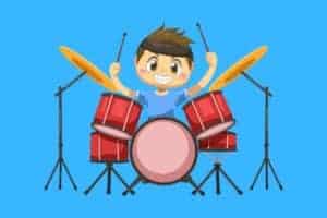 Cartoon graphic of boy playing drums on blue background.