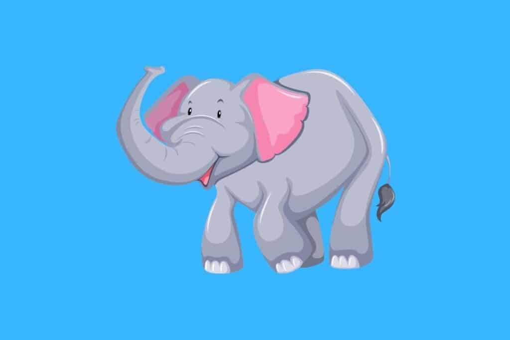 Cartoon graphic of gray elephant on blue background.