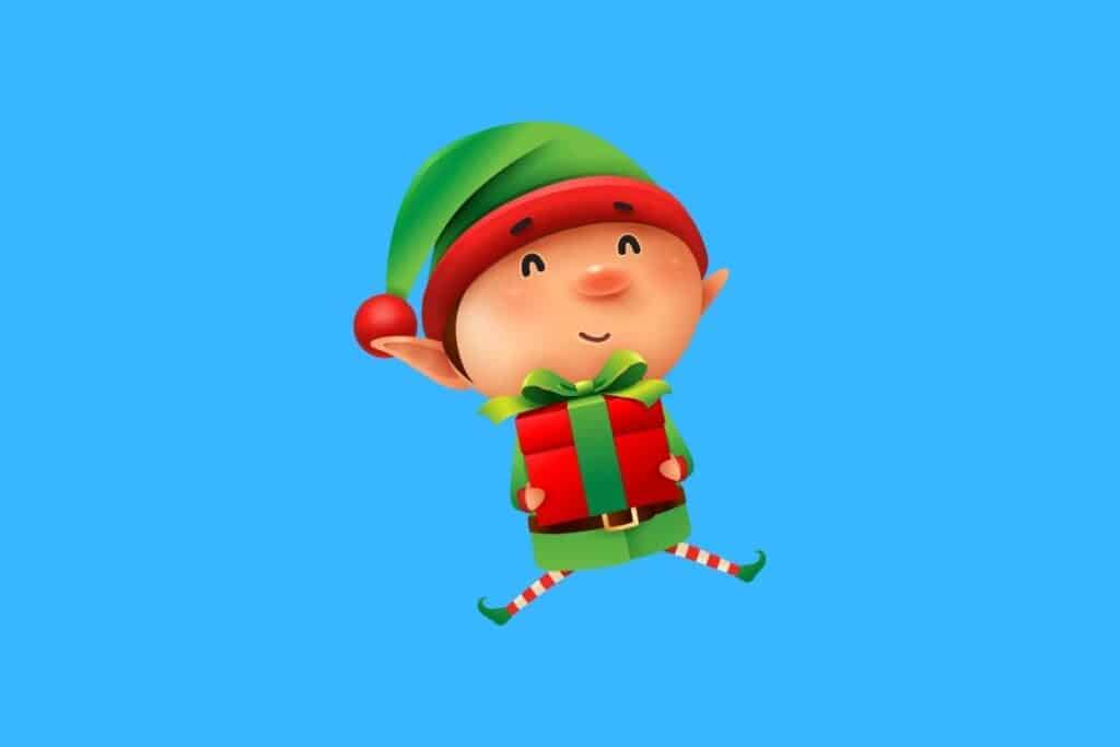 Cartoon graphic of elf holding present on blue background.