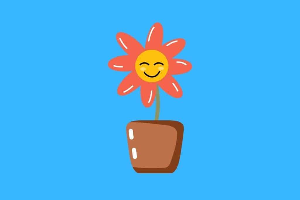 Cartoon graphic of smiling flower in pot on blue background.