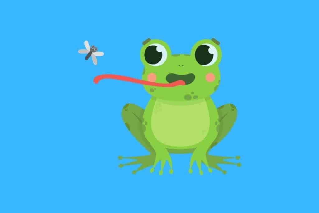 Cartoon graphic of flog catching fly with tongue on blue background.