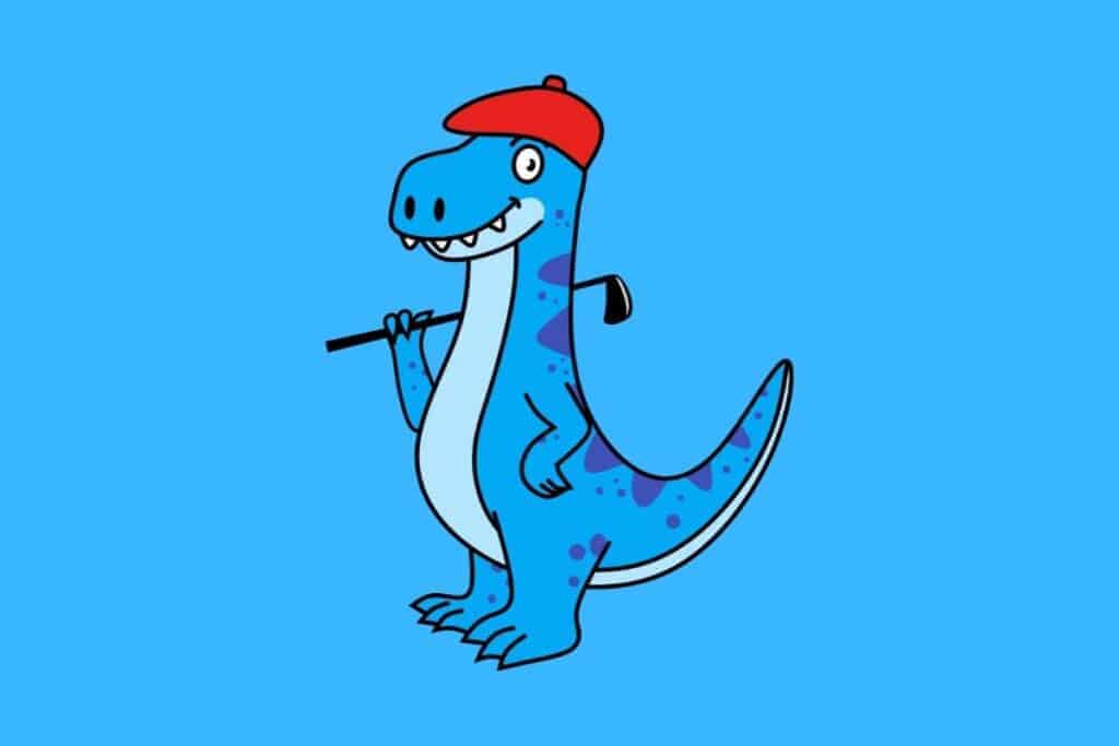 Cartoon graphic of blue dinosaur playing golf on blue background.