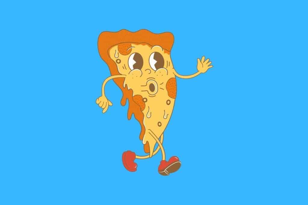 Cartoon graphic of whistling pizza slice on blue background.